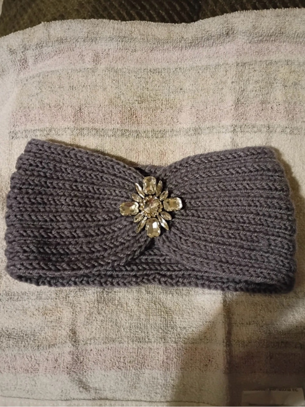 Gray Knit Turban Headband w/ Rhinestone Jewel Accent